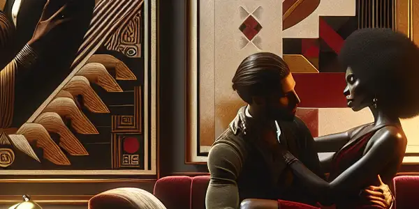 A stylish couple embraces in a dimly lit, luxurious room adorned with erotic film references and rich colors.