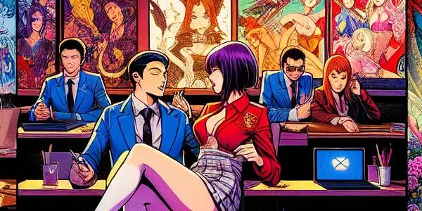 A vibrant collage illustrating scenes from popular erotic TV shows, featuring diverse characters in playful and dramatic scenarios.