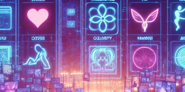 A vibrant digital landscape featuring neon lights and holographic displays of diverse adult content genres in a futuristic setting.