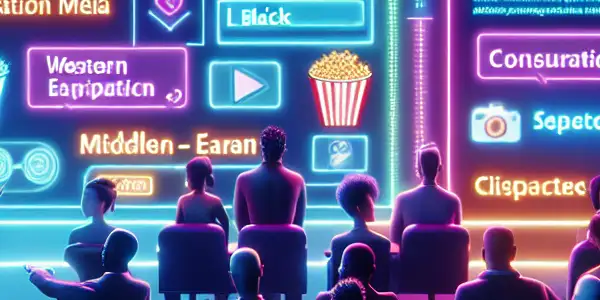 A lively online community forum featuring diverse characters discussing adult entertainment with vibrant neon elements and playful motifs.