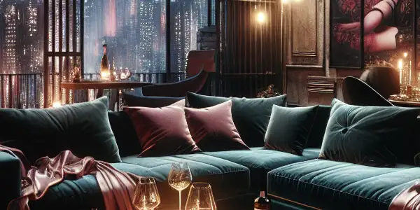 Luxurious urban apartment with intimate lighting, plush furniture, and subtle hints of sensuality and eroticism.