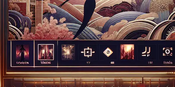 A luxurious digital interface showcasing diverse adult film genres with abstract glamorous figures and Japanese aesthetic elements.