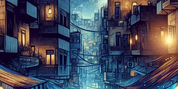 A vibrant Beirut nightlife scene featuring modern and traditional architecture, intimate conversations, and elements of desire under a starry sky.