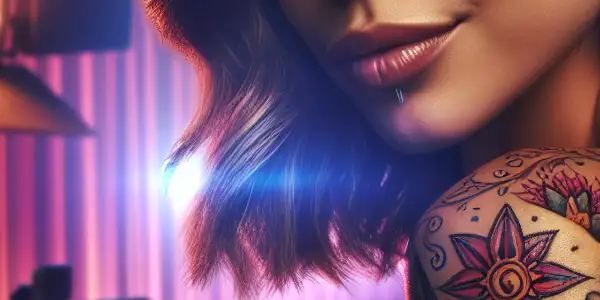 A confident female performer showcases a vibrant erotic tattoo in a dimly-lit Japanese AV film studio.