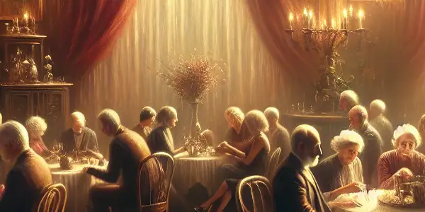 A sophisticated gathering of older individuals sharing warmth and connection in an elegant, intimate setting.