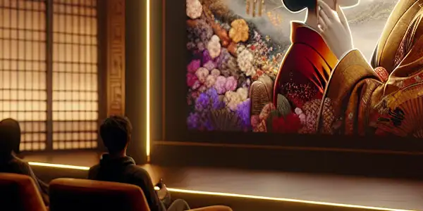 A glamorous, dimly lit cinema showcasing a classic Japanese AV film with elegant decor and intimate seating.