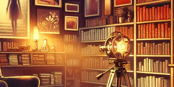 A cozy, dimly lit room filled with erotic novels, a plush armchair, and a vintage projector showcasing adult film scenes.