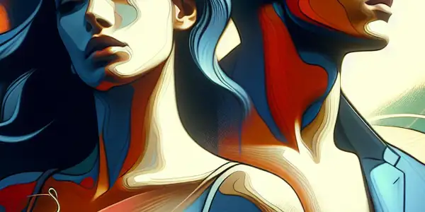 A vibrant film set featuring two characters in an intense, emotional interaction, embodying pride and allure.